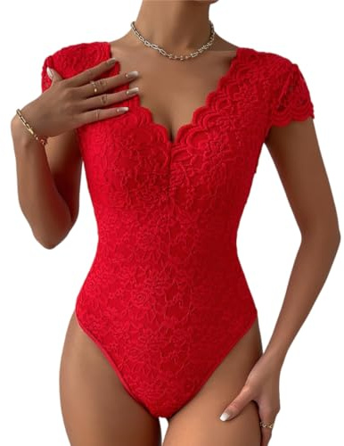 Haibang Body in Pizzo da Donna Sexy Scollo a V Bodysuit Top Floreale Aderente Camicetta a Maniche Corte Body Sottogiacca Elegante Cami Camicie Maglietta Blusa Clubwear