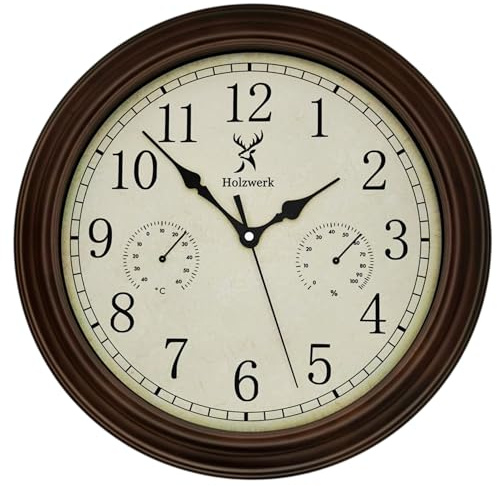 Holzwerk HORNBERG Vintage Retro Quarz Wanduhr mit Temperaturanzeige und Hygrometer Feuchtigkeitsmesser Thermometer Holz-Uhr nahezu lautloses Uhrwerk Braun Massivholz 14 Zoll 35cm (.Braun)