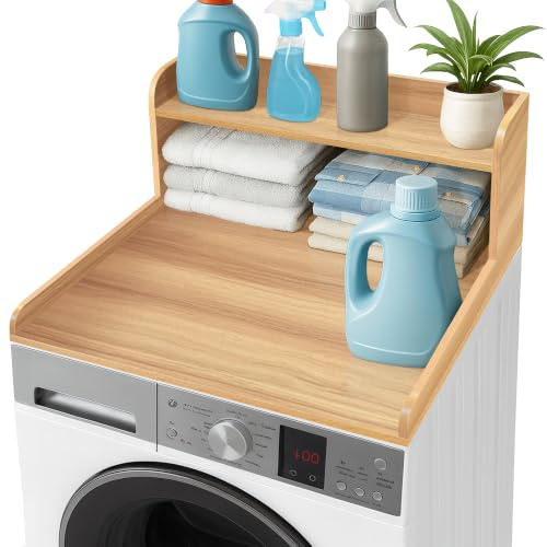 Royxen Washer Dryer Countertop with Shelf,2-Tier Laundry Countertop for Single Washer and Dryer,Soild Wood Core Washer Dryer Topper for Laundry Room Organization (Oak)