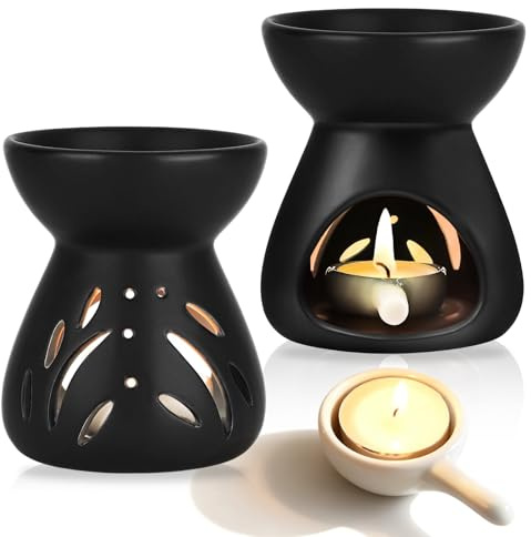 2 lámparas aromáticas de cerámica, quemador de aceite de cerámica con 2 cucharas de vela, modelo de embudo para aceites esenciales, lámpara aromática para dormitorio, salón, yoga, color negro