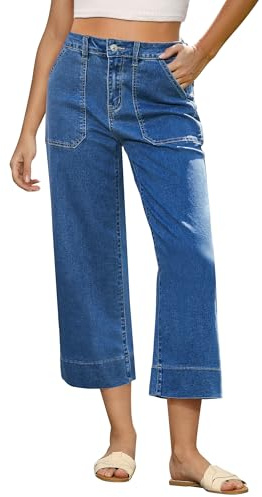 Roskiky Capri Jeans for Women UK High Waisted Wide Leg Strechy Loose Straight Cropped Denim Jeans Pants with Pockets