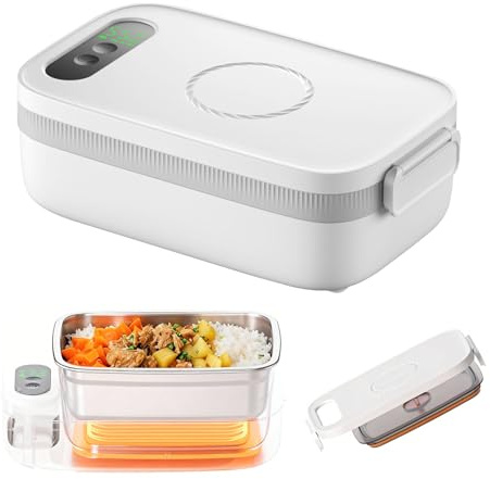 Ysislybin Scaldavivande Elettrico Portatile, 1L Scatola da Pranzo Riscaldata a Batteria per Adulti Portatile in Acciaio Lunch Box Portavivande Termico con Display Temperatura per Auto Camion Uffici