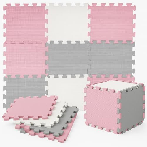 Tappeto Puzzle Bambini in EVA Antiscivolo – 18 Pezzi Rosa e Grigio 29,5x29,5 cm, Morbido e Atossico, Tappetone Gioco per Gattonare, Certificato CE, WELLDER