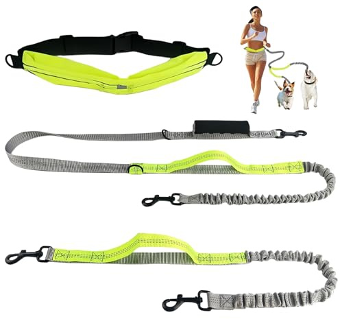 Guinzaglio Doppio Per Cani Con Riflettente Marsupio, Guinzaglio Per Cani Regolabile 85 Cm-115 Cm Guinzaglio Mani Libere per Cani per Cani Taglia Grande, Jogging O Camminata A Mani Libere