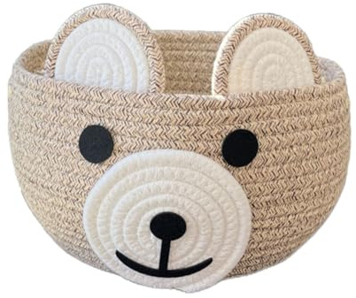 MURYE Cesta de almacenamiento de cuerda de algodón tejida suave para niños, aperitivos, con divertido diseño de oso de dibujos animados en la habitación de los niños, contenedor portátil