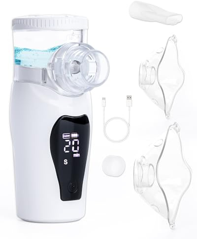 lulir Nebulisateur pour Adultes et Enfants, Nébuliseur Portable Silencieux | Rechargeable USB-C, avec Affichage Numérique, 2 Masques et Embout Buccal, Double Mode, Rechargeable pour Domestique, Voyage