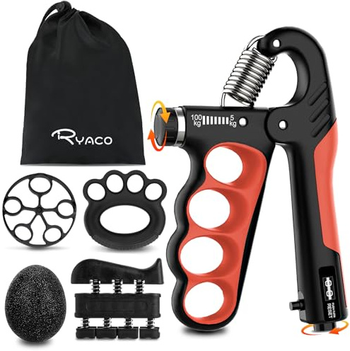 RYACO Handtränare, fingertränare, handtagstränarset, justerbart underarmsgrepp (5–100 kg), fingertränare, fingersträckare, greppring och stressreducerande greppboll för muskelträning (6 delar)