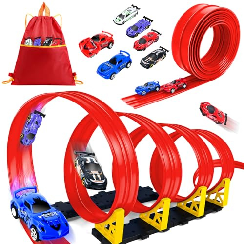 Ulikey Bilbana 5 meter för barn, bil racerbana leksak med 6 bilar och dubbla ramper, rullbar, flexibel racerbana med sugkoppar, pojkar flickor från 3 år (2)