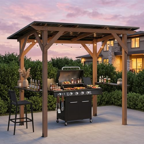 COSTWAY Grillpaviljong trä, 263 x 151 x 223 cm, grillskydd med tak av galvaniserad metall och 2 sidohyllor, grillpaviljong väderbeständig, grilltak utomhus för terrass, trädgård