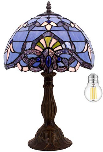 WERFACTORY Tiffany Lamp Stained Glass Table Lamp 12X12X18 Inches Blue Purple Baroque Style Lavender Bedside Reading Desk Light Decor Bedroom Living Room Home Office S003C Series