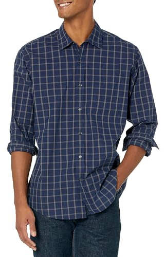 Amazon Essentials Men's Long-Sleeve Casual Poplin Shirt, Navy Windowpane, Large