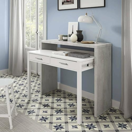 Dmora - Scrivania Billings, Scrivania con piano estensibile, Scrittoio porta PC con 2 cassetti, 99x36h88 cm, Cemento e Bianco