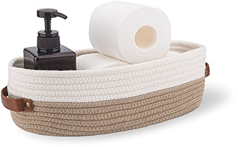Oradrem Cotton Rope Bathroom Decor Basket,Toilet Paper Holder Basket,Farmhouse Home Decor Organizing Baskets 13x5.9x4 Brown Stitching White