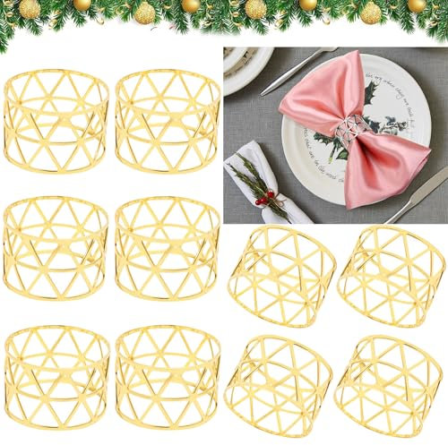Serviettenringe Gold, 10 Stück Serviettenringe Set Metall Serviettenringe, Hohler Serviettenschnallen für Jubiläum Weihnachten Neujahr Geburtstag Jubiläum Party Tischdekoration (Gold)