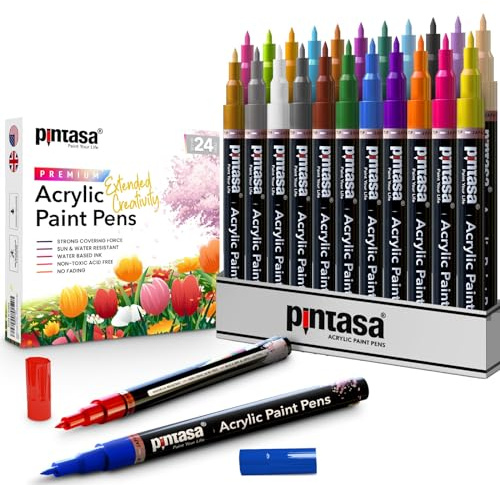 PINTASA Acrylic Paint Pens, 24 Multi-Surface Water Based Fine Tip Vibrant Quick Dry Acrylic Paint Markers for Rock Painting, Ceramic, Wood, Metal, DIY Crafts with Microfiber Nibs