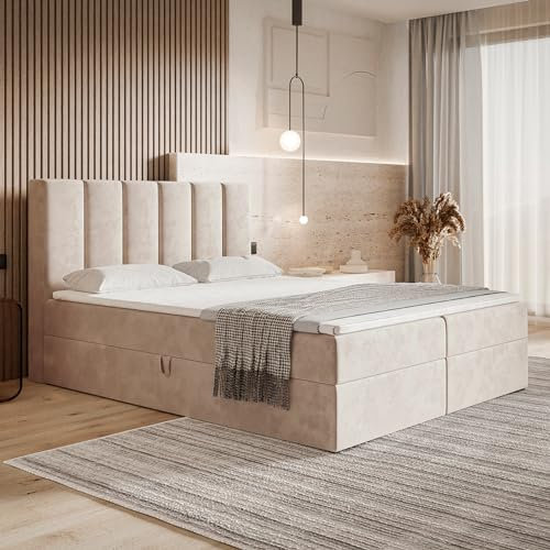 MOTIVENA Santiago Boxspringbett 120x200 mit Bettkasten und Topper, Polsterbett 120x200 mit Bettkasten, Bonellfederkern-Matratze (H4), T28 Komfortschaumstoff Topper (H3), Samt, Beige (Creme)