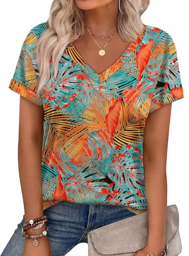 WEESO Womens Summer Tops 2026 Casual T Shirts Cute Floral Short Sleeve V Neck Dressy T Shirts Tropical Outfits Womens XL