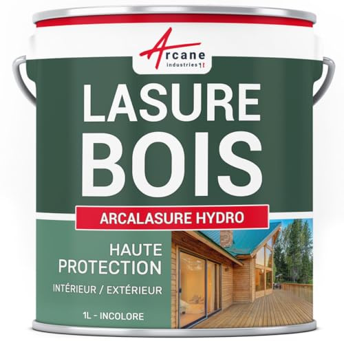 Lasure Bois Extérieur et Intérieur - Protection Bois Longue Durée Hydrofuge Anti-UV - Idéale Terrasse, Bardage, Chalet et Mobilier Bois - 1 L Incolore - ARCANE INDUSTRIES