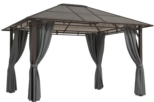 Outsunny 3 x 3.6m Hardtop Gazebo Canopy with Polycarbonate Roof Garden Pavilion with Removable Curtains and Steel Frame, Dark Grey