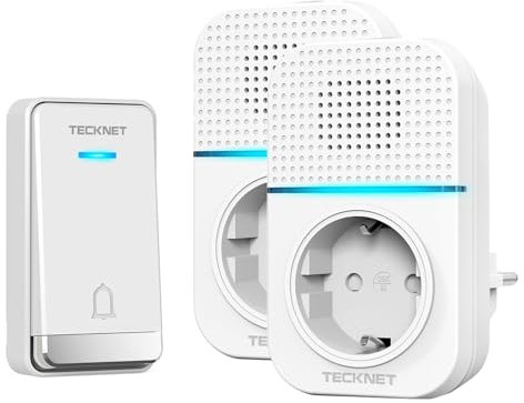 TECKNET Sonnette sans Fil 400 Mètres, Étanche IP65 avec Fonction de Charge et lumière LED Kit de 1 Carillon et 2 Récepteur Enfichables, 60 Mélodies 5 Niveaux Volumes, pour Maison, Bureau, Hôtel