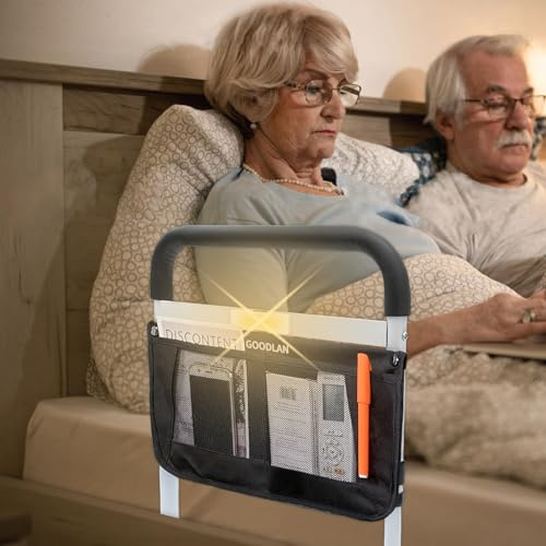 Bed Rails for Elderly Adults Safety Adjustable Heights Storage Pocket Assist Support Side Railings for Seniors Citizens Slides Under Mattressbed Cane Bed Guard Bed Handles Bars (white with warm light)