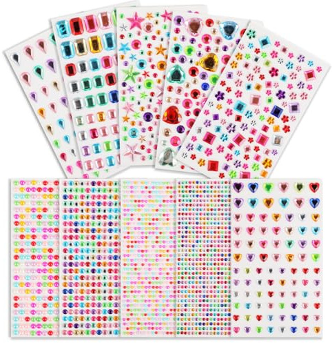 CRESZZLE 3500 Piezas de Brillantes Autoadhesivos Multicolor, Acrílico, Moderno, Cara, Corazón, Círculo, Cuadrado, Gota, Diamante de Imitación, Pegatinas de Purpurina para Manualidades y Decoración