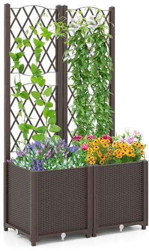 RELAX4LIFE Fioriera da Esterno con Graticcio, Sistema Auto-irrigante e Drenaggio, 2-in-1 Fioriera da Balcone per Piante Rampicanti, Giardino (Marrone, 80 x 40 x 140 cm)
