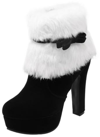 TOPPERFUN Botines de Navidad para Mujer de Invierno de Tacón con y Forro de Diseño con Lazo y Cierre de Perfectos para de Invierno y Navidad