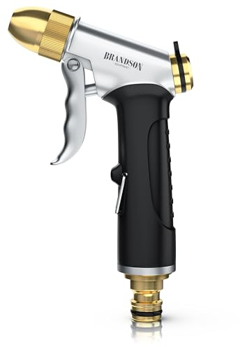 Brandson - Gartenbrause Metall − Handbrause Garten - gummierter Griff – stufenlos einstellbarer Sprühstrahl – Haltebügel – Schnellkupplungsanschluss - Wasserdruck bis zu 6 bar - 3/4 Zoll
