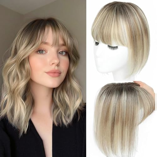 Extensions de cheveux naturels pour femmes avec frange Mèche capillaire en cheveux humins cousue à la main pour cheveux clairsemés (Ombré Châtain Clair avec Mèches Blondes)
