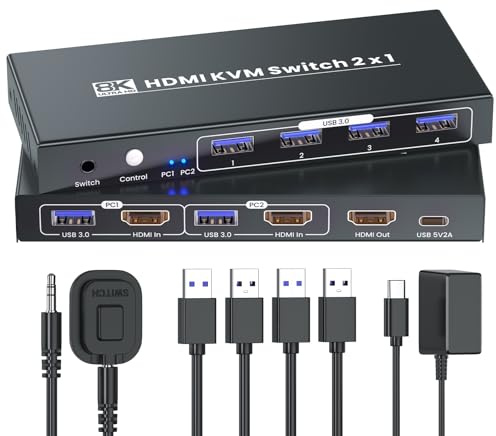 Commutateur KVM HDMI 1 moniteur 2 ordinateurs, 8K60Hz 4K120Hz USB 3.0 2 ports HDMI KVM Switch pour 2 PC Gestion via 1 ensemble de clavier, souris et 1 moniteur