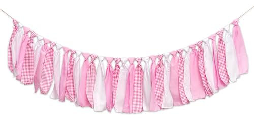 SOLUXIKA Pink and White Gingham Banner/Garland - First Birthday High Chair Banner,Gingham Garland for Baby Shower,Wall Hanging, Nursery Decor,Party Garland,Decorative Fabric Bunting (Pink)
