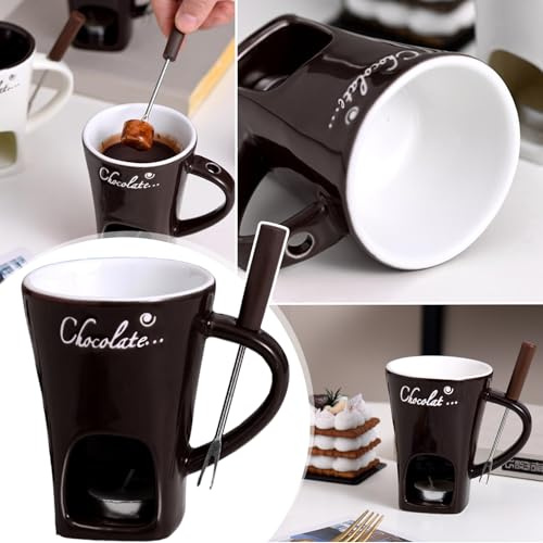 Tazza per Fonduta in Ceramica, 200 ml Fonduta Cioccolato Ceramica Set, Fonduta Formaggio con Candela e Forchette, Tazze per Fonduta di Cioccolato, Tazza per Fusione per Caramelle e Cioccolato (C)