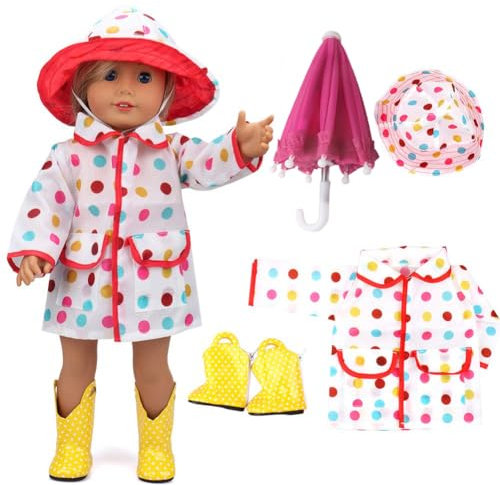 vamei Puppenkleidung Puppen Zubehör mit Regenmantel Regenschirm Regenstiefel für 35-46cm Babypuppe Bekleidungsset für 18 Zoll Puppen Weihnachten Geschenk