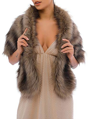 BODIY Bride Fur Shawls and Wraps 1920s Bridal Wedding Faux Fur Scarf Winter Sleeveless Fur Stole for Women and Bridesmaids (Brown)