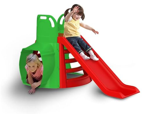 Sport1 scivolo per bambini tunnel fun. Scivolo da giardino per bambini da 2 a 4 anni super resistente. Casetta per bambini con tunnel in plastica. Casetta da giardino 180x180x98cm Verde/Rosso Max 25kg