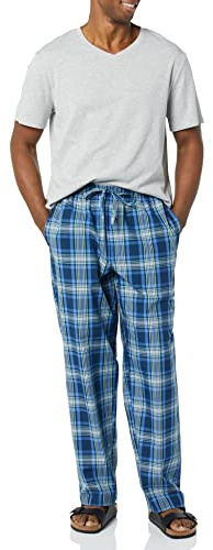 Amazon Essentials Pigiama con Maglietta in Jersey di Cotone e Pantaloni in Popeline di Cotone Uomo, Blu Marino Motivo Scozzese/Grigio Puntinato, XL