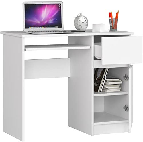 BDW - Escritorio para Ordenador con 1 cajón, 1 Armario y un cajón de Teclado extraíble. Escritorio para Ordenador de sobremesa o portátil, 90 x 77 x 50 cm