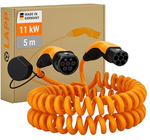 LAPP MOBILITY Cavo di Ricarica a Spirale per Veicoli Elettrici Tipo 2-11 kW, 20 A, Trifase, Resistente alla Polvere e all'Acqua IP55, Compatibile con Auto Elettriche e Ibride Europee, 5 m, Nero
