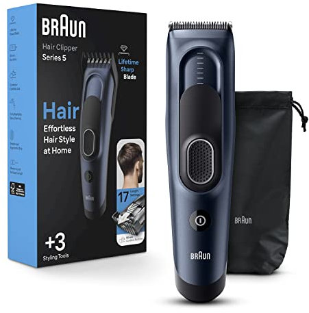 Braun Tagliacapelli serie 5 5350, tagliacapelli da uomo, clip per capelli di casa con 17 impostazioni di lunghezza, inclusa impostazione di richiamo Memory SafetyLock, lame ultra affilate, 2 pettini,