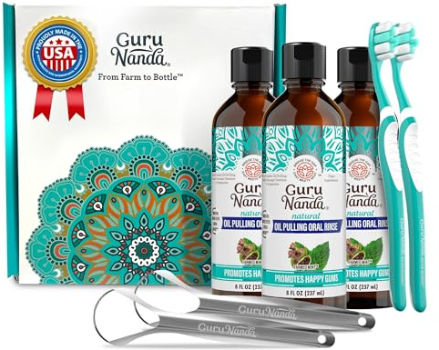 GuruNanda CocoMint Oil Pulling Mouthwash for Complete Oral Hygiene, 7 Essential Oils & Vitamins for Happy Teeth & Gums & Fresh Breath, with 2 Toothbrushes & 2 Tongue Scrapers, Alcohol-Free, 3X8 oz