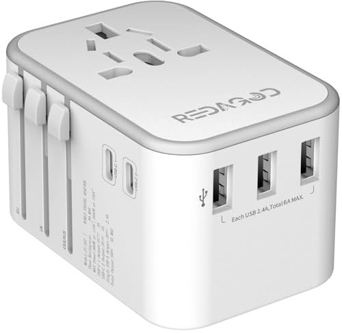 Redagod Reiseadapter Weltweit 224+ Ländern, Internationaler Steckdosenadapter mit 3 USB, 2 USB C und 1 AC Steckdose 30W Universal Reisestecker für Deutschland USA UK Japen Thailand Italien Australien