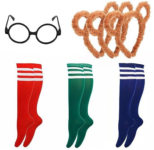 MFUOE Juego de 7 piezas de ardillas para disfraces, medias a rayas, orejas de ardilla, diadema, gafas para Halloween, Navidad, animales, cosplay, fiesta, accesorios de disfraz