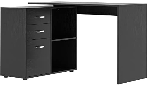 HOMCOM Scrivania Angolare per PC con 2 Cassetti e Ripiani Aperti, Scrivania ad Angolo Forma a L in Legno e Metallo, 117x83.5x76 cm, Nero
