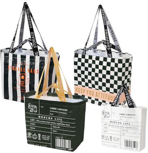 Einkaufstasche Groß, 4-Teiliges Set Wasserdichte Faltbare Einkaufstaschen, Modischer Nylon Einkaufstasche mit Einem Fach und Schulterriemen für Obsteinkäufe und Alltagseinkäufe