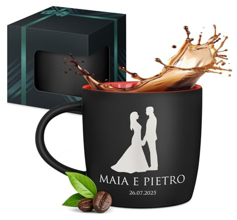 Maverton Tazza da caffelatte o tè in ceramica - 400 ml - Incisione personalizzata - Tazze da colazione per bevande per anniversario - Bicchiere con manico per una coppia - Interno rosso - sposi