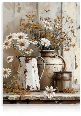 Dazzlewall Rustic Daisy Wall Art Farmhouse Bathroom Wall Decor Vintage Country Canvas Wall Art for Bedroom Bathroom Kitchen 12x16 in Unframed