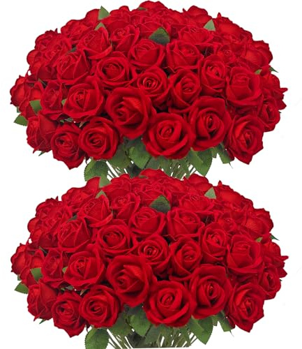 Ouddy Decor 50 Pcs Fake Red Roses Artificial Flowers Bulk Real Touch Velvet Silk Flowers with Long Stems for Wedding Bridal Bouquet DIY Table Centerpiece Arrangement Valentines Gifts Home Decor, Red