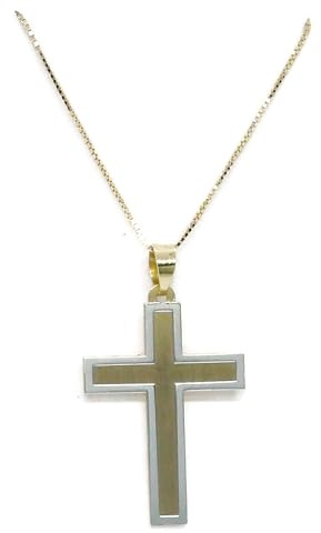 Never Say Never Cruz bicolor en oro amarillo y blanco de 18k con cadena para hombre o mujer mate y brillo 2.10 gr de oro 18k. Cantos rectos.