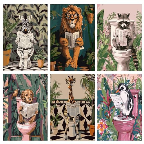 Jawecci 6 Stück Tiger Giraffen Hund Malen nach Zahlen Set Erwachsene, Tier auf Toilette Malen nach Zahlen Erwachsene auf Leinwand, Einfaches Acryl-Kunsthandwerk Anfänger für Geschenke 20x30cm